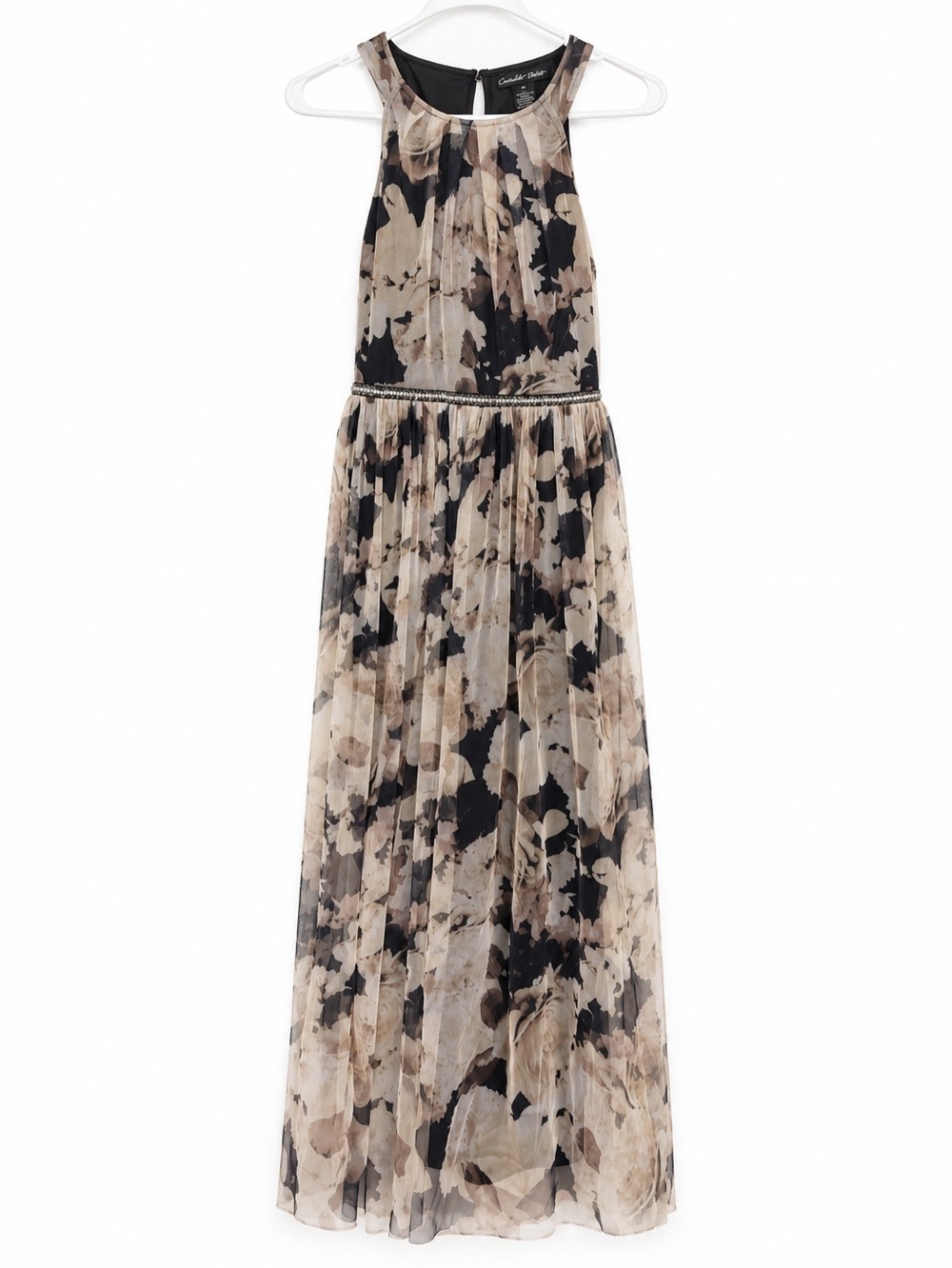 Candalite Petite PM Beige Black Floral Mesh Maxi Dress Beaded Formal WeddingGues